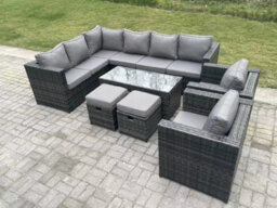 Fimous 10 Seater Rattan Corner Sofa Lounge Sofa Set With Rectangular Coffee Table 2 Stool Dark Grey Mixed Left Hand - thumbnail 1