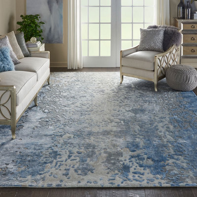 Blue Viscose , Wool Easy To Clean Abstract Handmade , Luxurious , Modern , Wool Rug For Living Room, Bedroom - 114Cm X 175Cm