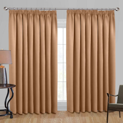 Ameha Beige Plain Blackout Curtain Ready Made Pencil Pleat Thermal Insulated Curtain Pair 90''x90'' With Tiebacks Home Decor Uk - image 1