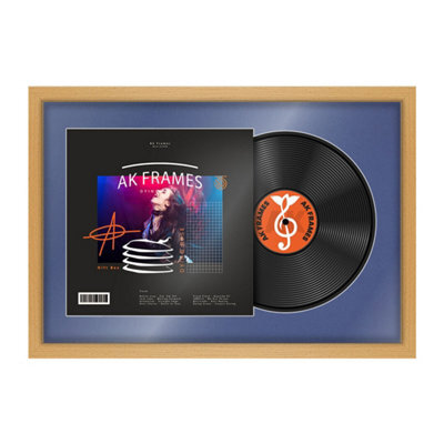 "AK Frames 25X17"" Country Pine Modern Vinyl Record Frame With Blue Mount For 12 Inch Lp Cover & Disc - Overlapped Design" - image 1