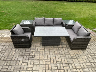 Fimous Outdoor Rattan Furniture Garden Dining Set Pheight Adjustable Rising Lifting Table Reclining Chair Sofa With 2 Side Tables - image 1
