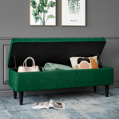 Living And Home Green Modern Velvet Upholstered Storage Ottoman Bench With Padded Wood Legs W 1260 X D 440 X H 460 mm - image 1