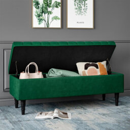 Living And Home Green Modern Velvet Upholstered Storage Ottoman Bench With Padded Wood Legs W 1260 X D 440 X H 460 mm