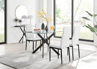 Furniturebox Leonardo 4 Seater Rectangular Glass Dining Table With Silver Metal Legs & 4 White Milan Faux Leather Black Leg Chairs - image 1