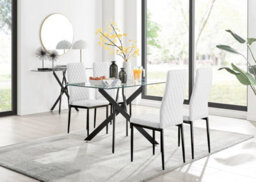 Furniturebox Leonardo 4 Seater Rectangular Glass Dining Table With Silver Metal Legs & 4 White Milan Faux Leather Black Leg Chairs
