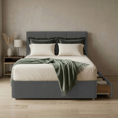 Adore Designs Alton Plush Velvet Divan Bed, Headboard - 5Ft Kingsize - Grey - 2 Drawers Same Side - image 1