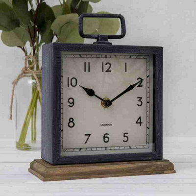 Annibells Rustic Distressed Metal Wood Square Mantel Clock
