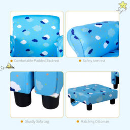 Homcom Kids Armchair Toddler Sofa Seat Set With Footrest Padding Couch Blue - thumbnail 4