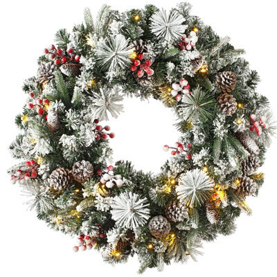 Werchristmas 76 Cm Pre-Lit Snow-Flocked Artificial Christmas Wreath With Pinecones And Berries, 50 Warm White Leds - image 1