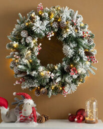 Werchristmas 76 Cm Pre-Lit Snow-Flocked Artificial Christmas Wreath With Pinecones And Berries, 50 Warm White Leds - thumbnail 2