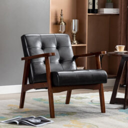 Matteo Vintage Black Faux Leather Armchair With Solid Wood Legs - thumbnail 1