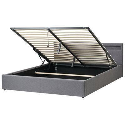 Beliani Ottoman Bed With Led Fabric Armelle 180 X 200 Cm (Eu Super King) Dark Grey - image 1