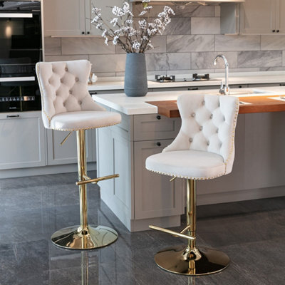 HomeTouch Set Of 2 Luxury Beige Velvet Adjustable Swivel Bar Stools With Gold Base - image 1