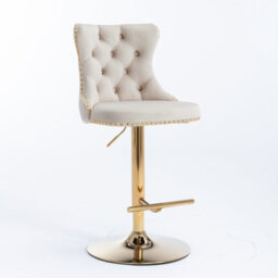 HomeTouch Set Of 2 Luxury Beige Velvet Adjustable Swivel Bar Stools With Gold Base - thumbnail 5