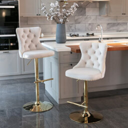 HomeTouch Set Of 2 Luxury Beige Velvet Adjustable Swivel Bar Stools With Gold Base - thumbnail 1