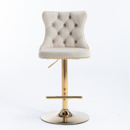 HomeTouch Set Of 2 Luxury Beige Velvet Adjustable Swivel Bar Stools With Gold Base - thumbnail 6