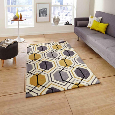 Grey/yellow Geometric Handmade Modern Easy To Clean Rug For Dining Room Bed Room And Living Room-90Cm X 150Cm - image 1
