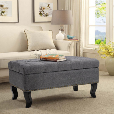 Living And Home Grey Linen Upholstered Ottoman Bench Bed End Bench With Rubberwood Legs W 800 X D 470 X H 400 mm - image 1