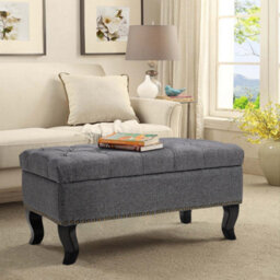 Living And Home Grey Linen Upholstered Ottoman Bench Bed End Bench With Rubberwood Legs W 800 X D 470 X H 400 mm