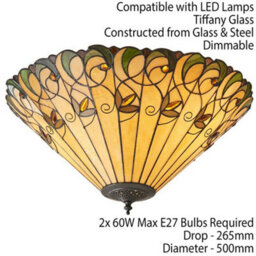 Tiffany Glass Semi Flush Ceiling Light Amber Floral Inverted Round Shade I00051 - thumbnail 2