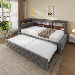 Btm 3Ft Velvet Daybed With Trundle, Storage Armrest, Led Headboard, Usb And Type C Charging, Dark Grey, 90X190Cm - thumbnail 9