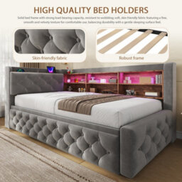 Btm 3Ft Velvet Daybed With Trundle, Storage Armrest, Led Headboard, Usb And Type C Charging, Dark Grey, 90X190Cm - thumbnail 8