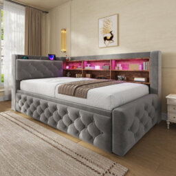 Btm 3Ft Velvet Daybed With Trundle, Storage Armrest, Led Headboard, Usb And Type C Charging, Dark Grey, 90X190Cm - thumbnail 3