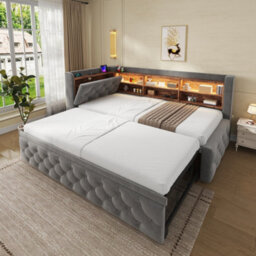Btm 3Ft Velvet Daybed With Trundle, Storage Armrest, Led Headboard, Usb And Type C Charging, Dark Grey, 90X190Cm