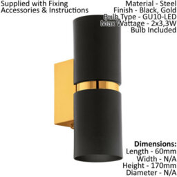 Elegant 2 Pack Wall Lights With Black Shades And Gold Accents - Gu10 Bulbs Included - thumbnail 2