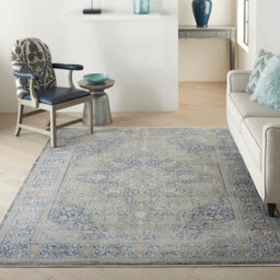 Blue Luxurious Traditional Easy To Clean Bordered Floral Dining Room Bedroom And Living Room Rug -160Cm X 221Cm - thumbnail 1