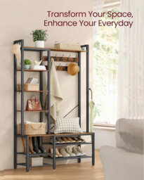 Songmics Vasagle Hall Tree With Bench And Shoe Storage, Hallway Coat Rack With Shoe Bench And 5 Storage Shelves, Vintage Brown Ink Black - thumbnail 3