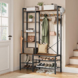Songmics Vasagle Hall Tree With Bench And Shoe Storage, Hallway Coat Rack With Shoe Bench And 5 Storage Shelves, Vintage Brown Ink Black - thumbnail 1