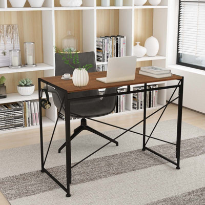 Home Source Brampton Folding Dark Oak Compact Desk Storage Hook Wood And Metal Home Office Workstation - image 1