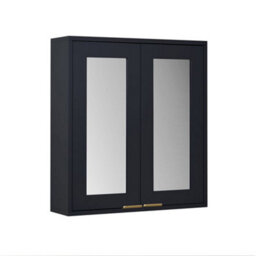 Homestylestore 600 X 650mm Black Grey Wall Mounted Mirrored Door Bathroom Cabinet With Brushed Brass Finger Pull Handles