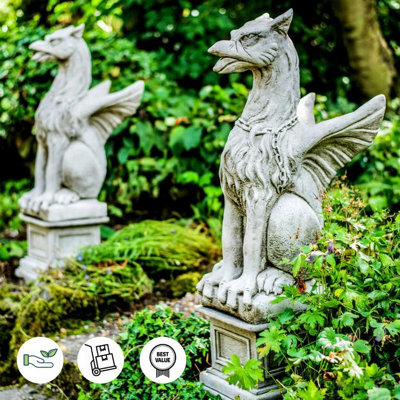 Large Pair Of Winged Stone Griffin Ornaments Gargoyle Gryphon Style With Plinths - image 1