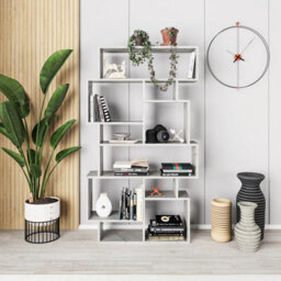 Decortie Karmato Modern Bookcase Display Unit With 10 Compartments Gold Marble Effect 168.5Cm Tall - thumbnail 1