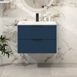 Royal Bathrooms Evora 700mm Midnight Blue Fluted Wall Hung Bathroom Vanity Unit 2 Drawer Cabinet Storage With Stone Basin & Matt Black Handles