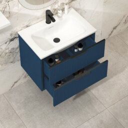 Royal Bathrooms Evora 700mm Midnight Blue Fluted Wall Hung Bathroom Vanity Unit 2 Drawer Cabinet Storage With Stone Basin & Matt Black Handles - thumbnail 3