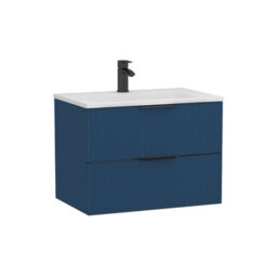 Royal Bathrooms Evora 700mm Midnight Blue Fluted Wall Hung Bathroom Vanity Unit 2 Drawer Cabinet Storage With Stone Basin & Matt Black Handles - thumbnail 7