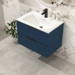 Royal Bathrooms Evora 700mm Midnight Blue Fluted Wall Hung Bathroom Vanity Unit 2 Drawer Cabinet Storage With Stone Basin & Matt Black Handles - thumbnail 4