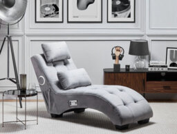 Beliani Chaise Longue Simorre Velvet Grey With Built-In Bluetooth Speaker - thumbnail 2