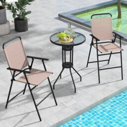 Costway 3 Pcs Outdoor Folding Bistro Set Patio 2 Folding Chairs & Round Bar Table W/ 4 Cm Umbrella Hole