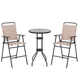 Costway 3 Pcs Outdoor Folding Bistro Set Patio 2 Folding Chairs & Round Bar Table W/ 4 Cm Umbrella Hole - thumbnail 2