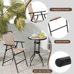 Costway 3 Pcs Outdoor Folding Bistro Set Patio 2 Folding Chairs & Round Bar Table W/ 4 Cm Umbrella Hole - thumbnail 9