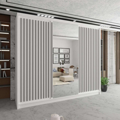 Sliding Wardrobes 4 u LTD Modern Grooved Sliding Mirror Wardrobe With Led Light White/grey 250Cm - image 1