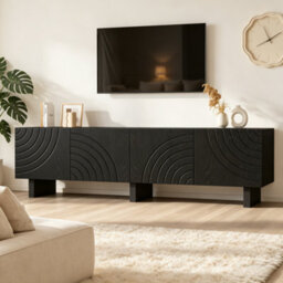 Btm Black Tv Stand 180X40X55Cm, Modern 4-Door Storage Media Cabinet, Particle Board Entertainment Unit For Tvs Up To 75 Inch - thumbnail 2