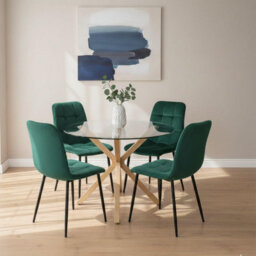 Kosy Koala Round Glass Dining Table Set With 4 Green Velvet Chairs Dining Room Furniture