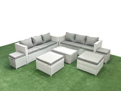 Fimous 7 Pieces Rattan Garden Furniture Set Outdoor Garden Sofa Coffee Table Set 4 Stools Light Grey - image 1