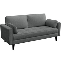 Yaheetech Linen Fabric Upholstered 2 Seater Sofa Couch With 2 Pillows Dark Grey - thumbnail 2