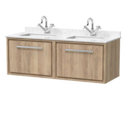 Hudson Reed Lille Wall Hung Two Drawer Contemporary Vanity Unit With Marble Top & Double Basin In Bleached Oak, 1220 X 470mm - thumbnail 1